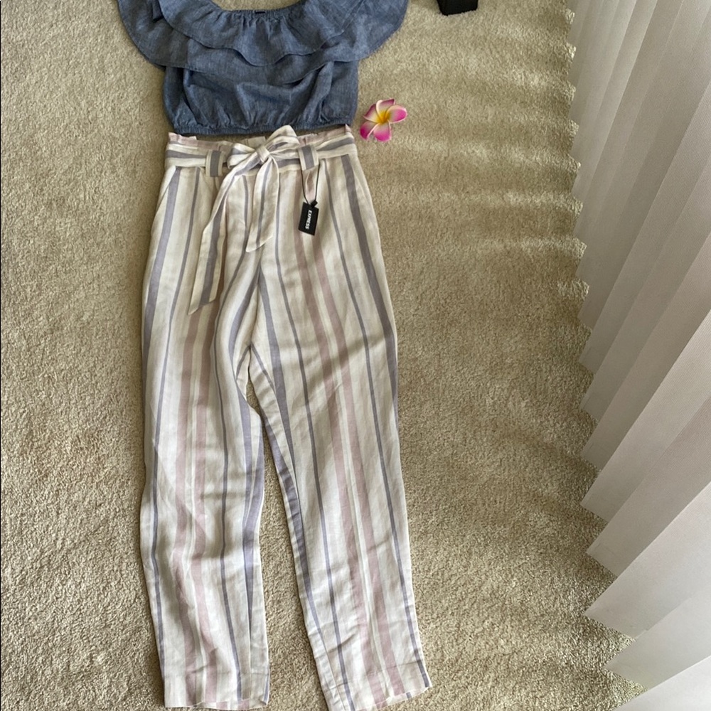 Express Cream and grey high-waist pants with Tie Waist, 00R, NWT